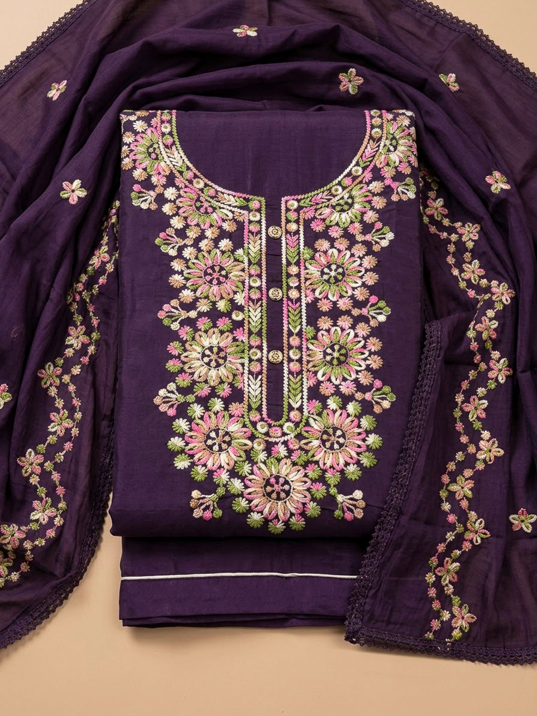 Purple Cotton Blend Embroidered Unstitched Dress Material