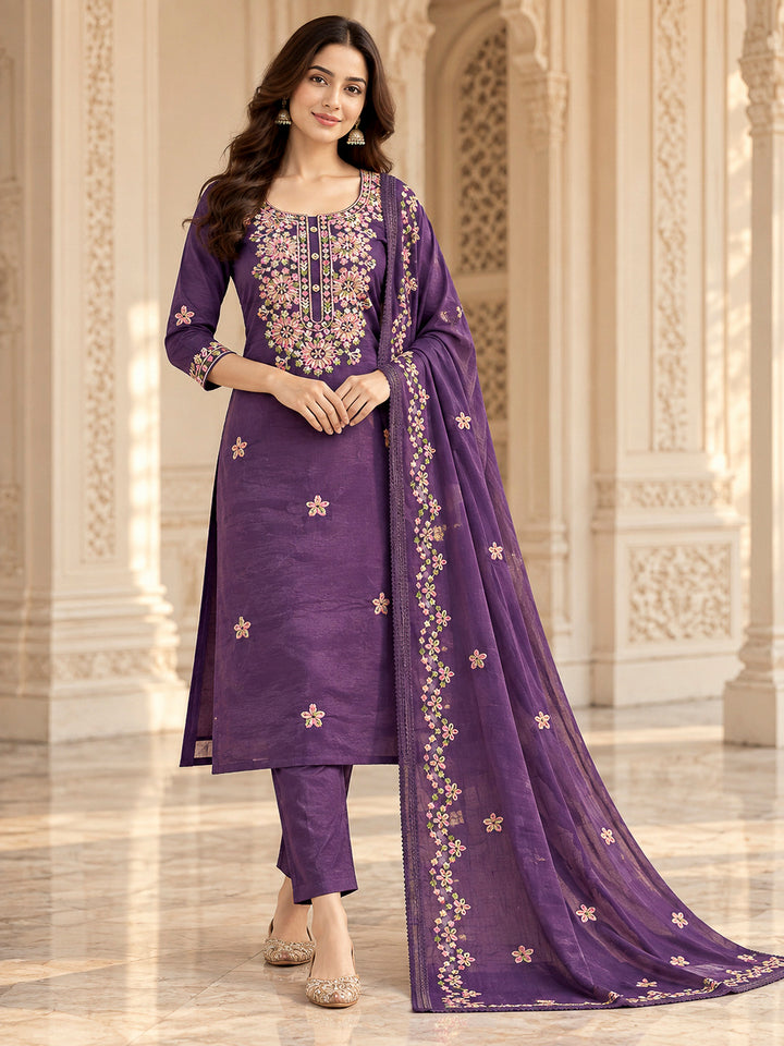 Purple Cotton Blend Embroidered Unstitched Dress Material