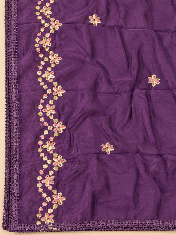 Purple Cotton Blend Embroidered Unstitched Dress Material