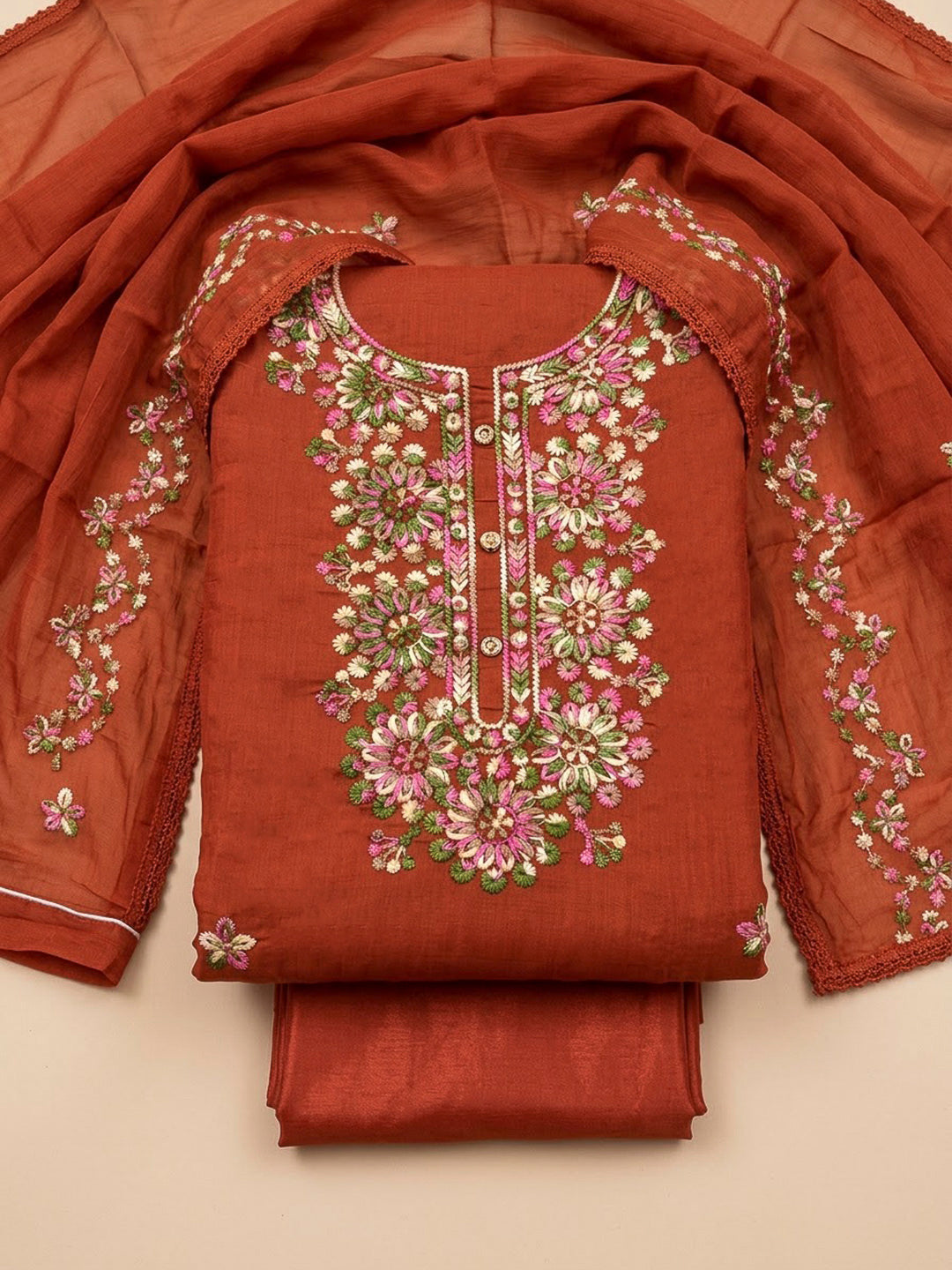 Rust Cotton Blend Embroidered Unstitched Dress Material