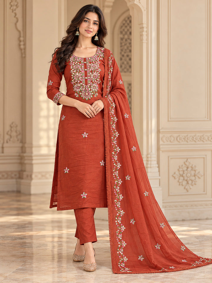 Rust Cotton Blend Embroidered Unstitched Dress Material