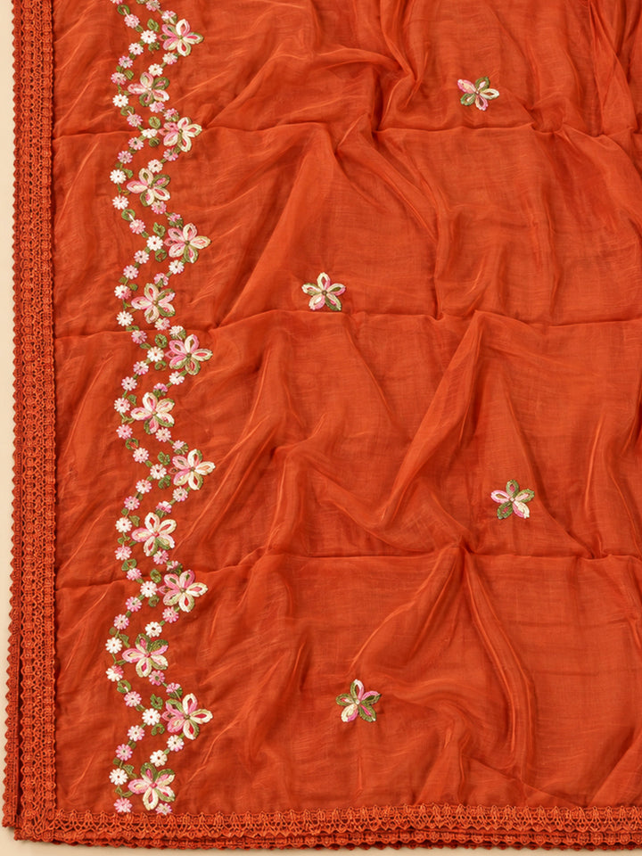 Rust Cotton Blend Embroidered Unstitched Dress Material
