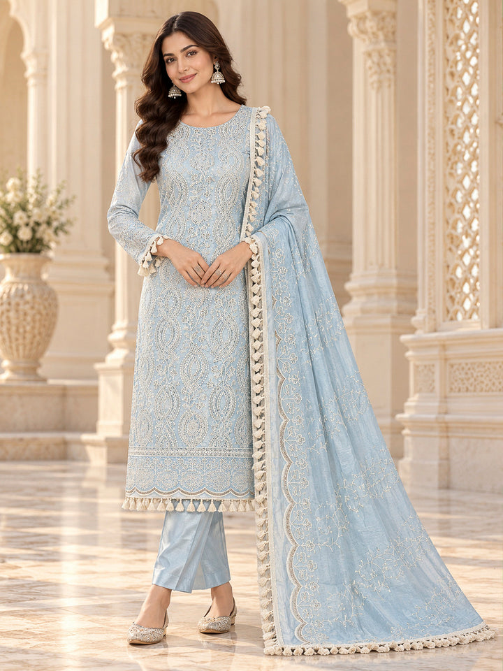 Grey Blue Chanderi Embroidered Unstitched Dress Material