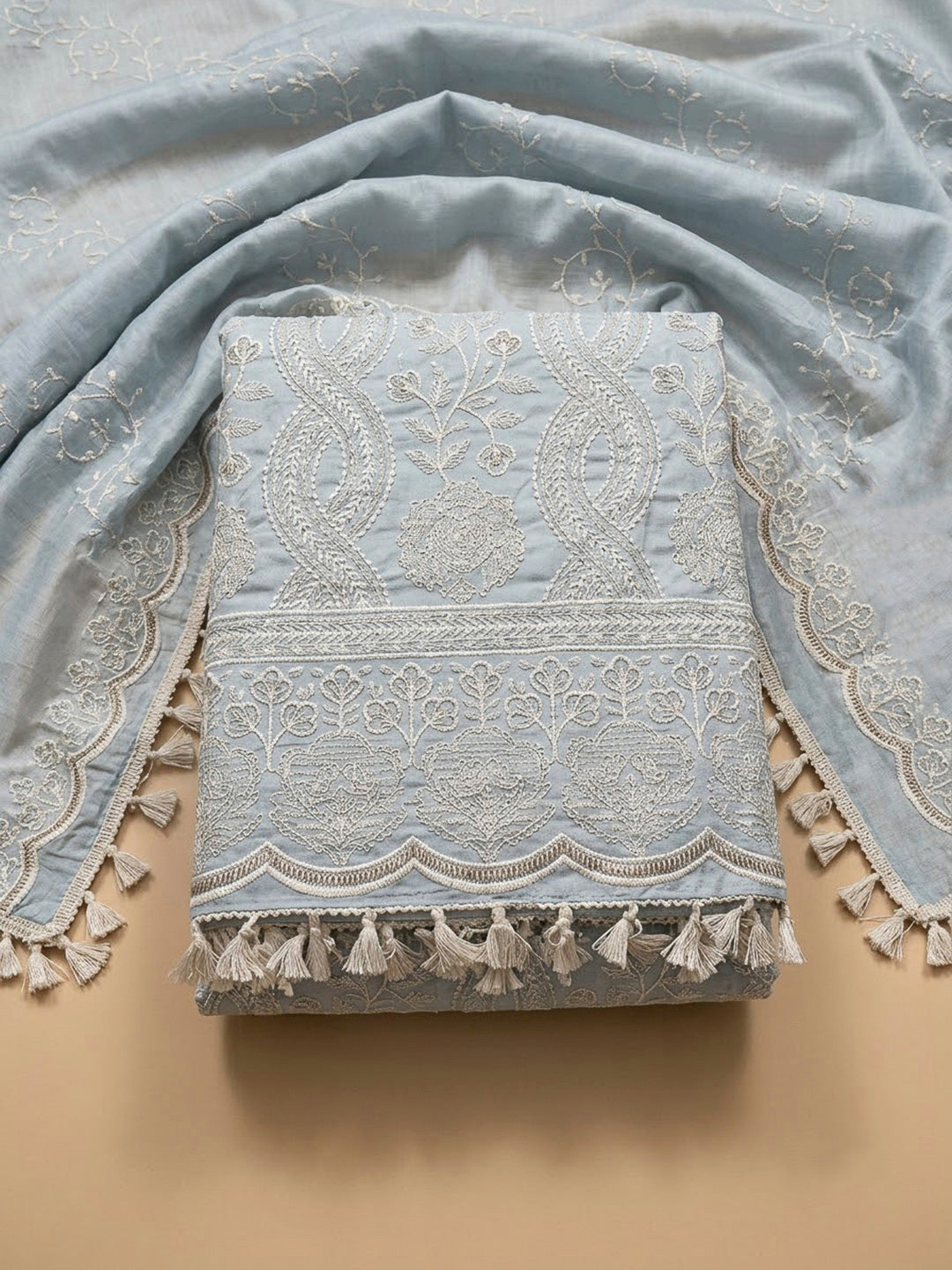 Grey Blue Chanderi Embroidered Unstitched Dress Material