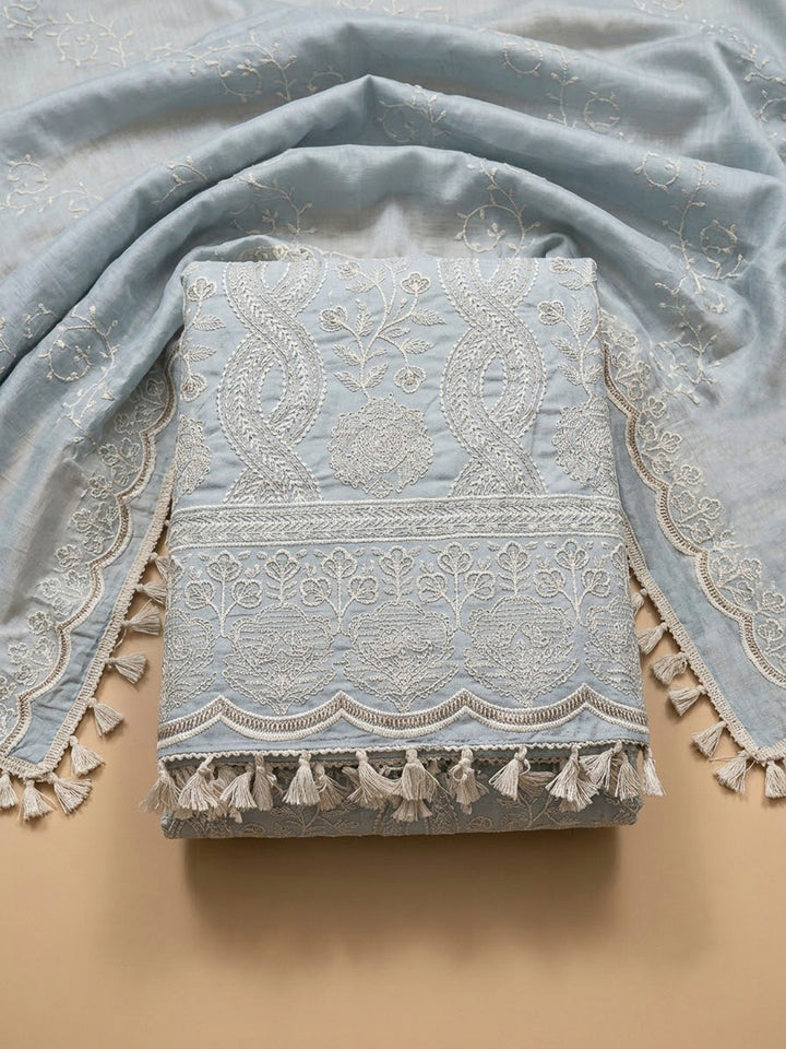 Grey Blue Chanderi Embroidered Unstitched Dress Material