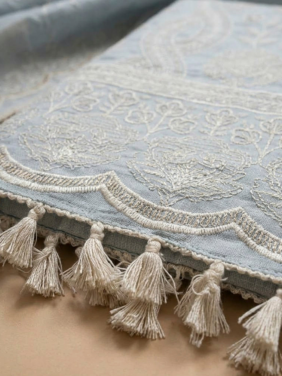 Grey Blue Chanderi Embroidered Unstitched Dress Material