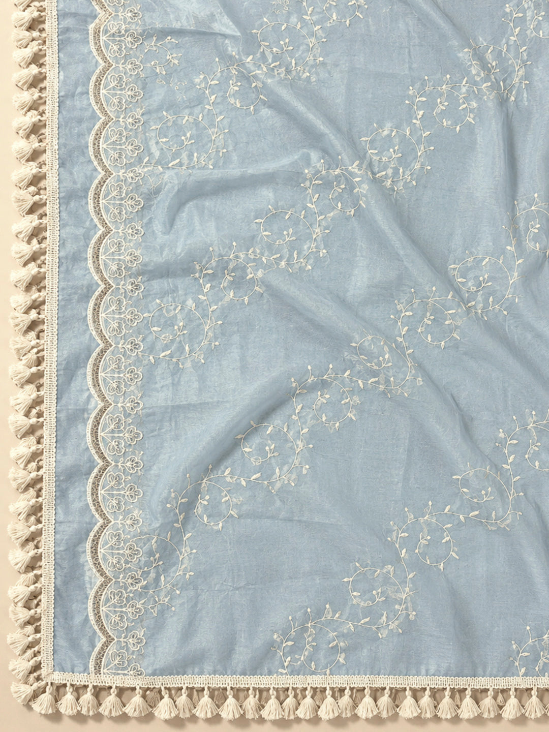 Grey Blue Chanderi Embroidered Unstitched Dress Material