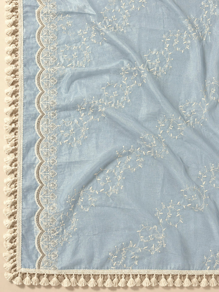Grey Blue Chanderi Embroidered Unstitched Dress Material