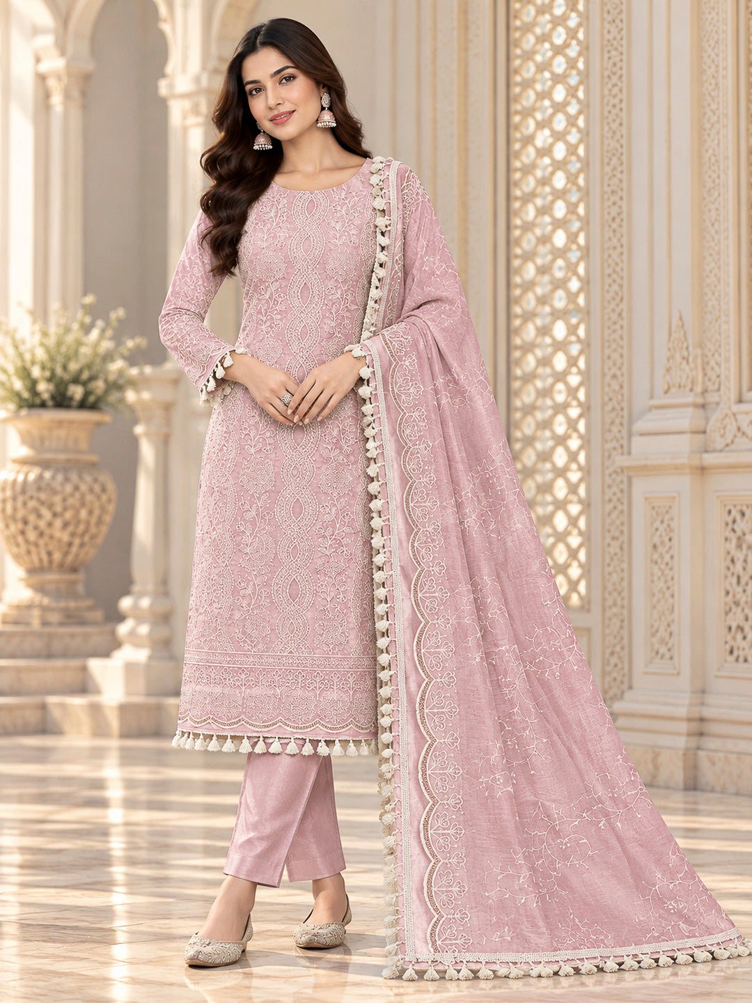 Peach Chanderi Embroidered Unstitched Dress Material