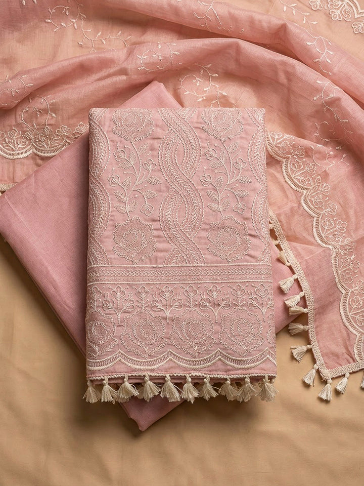 Peach Chanderi Embroidered Unstitched Dress Material