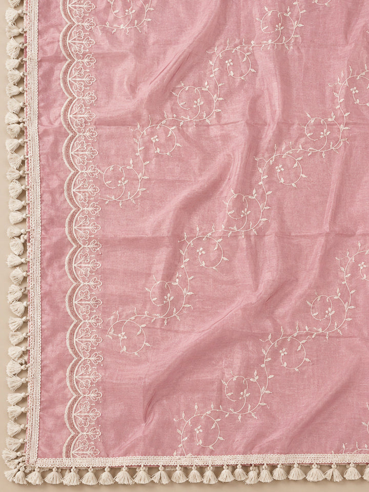 Peach Chanderi Embroidered Unstitched Dress Material