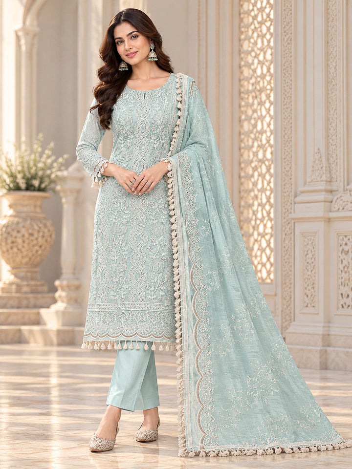 Sea Green Chanderi Embroidered Unstitched Dress Material