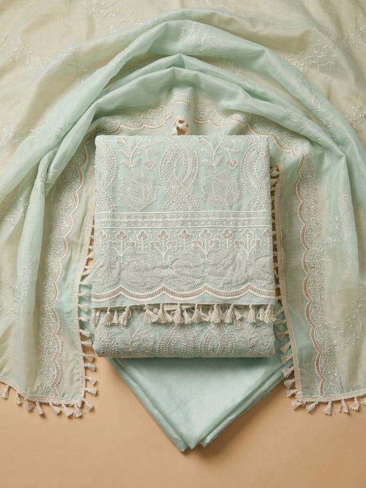 Sea Green Chanderi Embroidered Unstitched Dress Material
