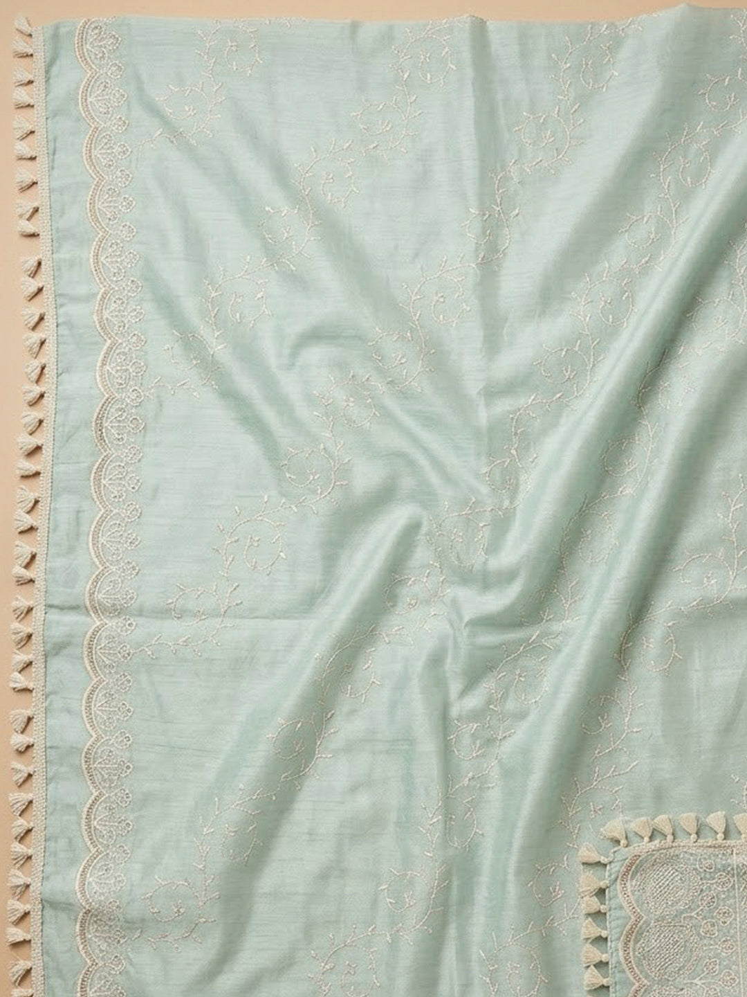 Sea Green Chanderi Embroidered Unstitched Dress Material