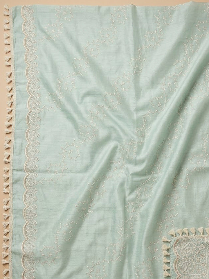 Sea Green Chanderi Embroidered Unstitched Dress Material