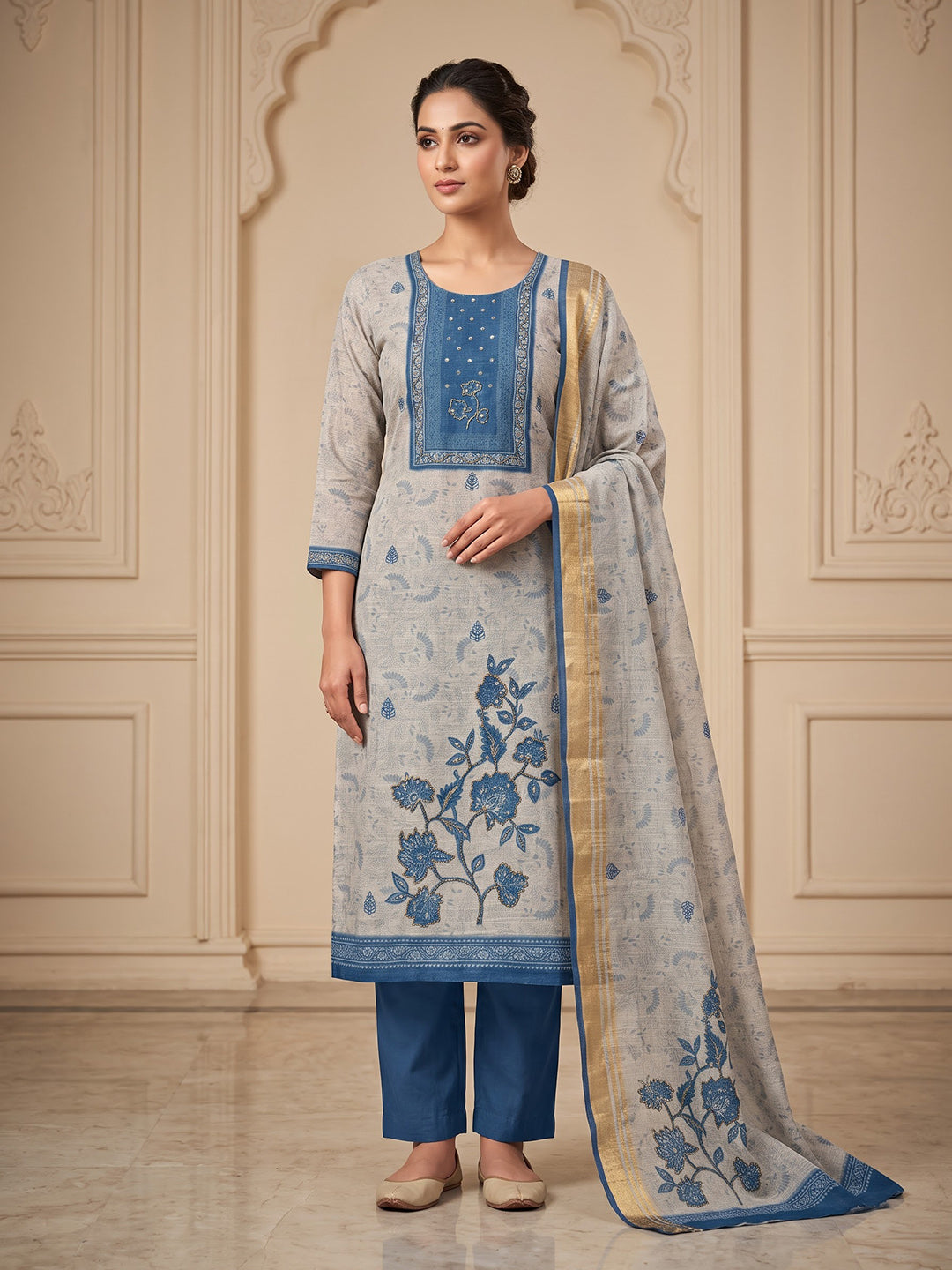 Off-White Chanderi Embroidered Unstitched Dress Material