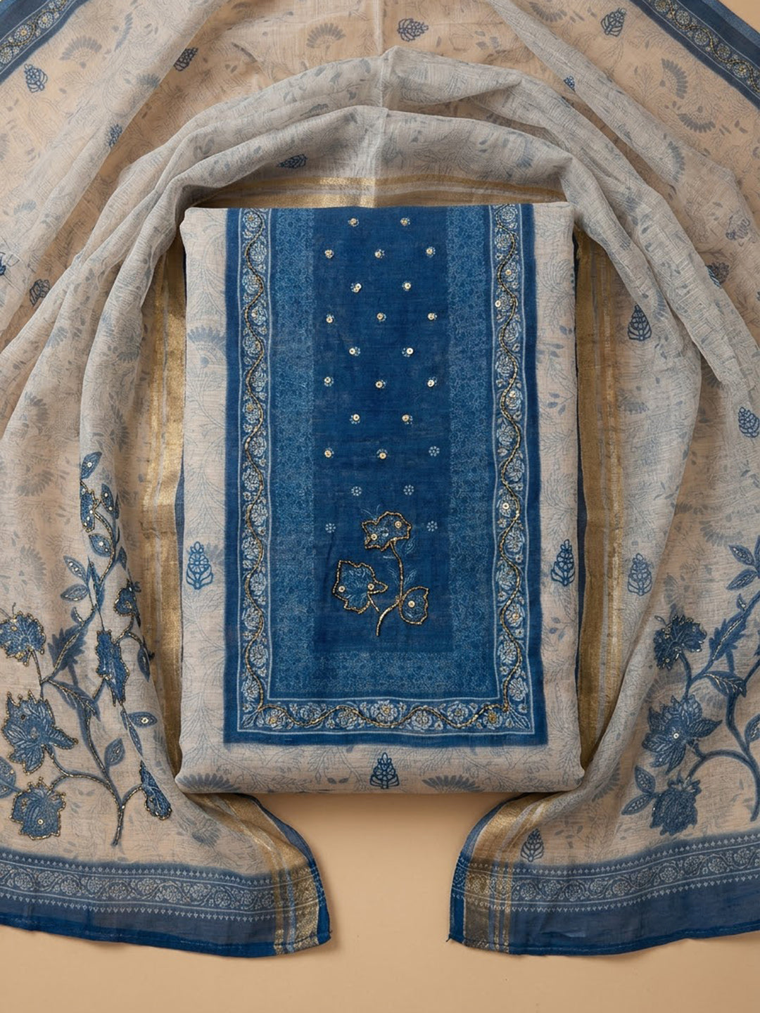 Off-White Chanderi Embroidered Unstitched Dress Material