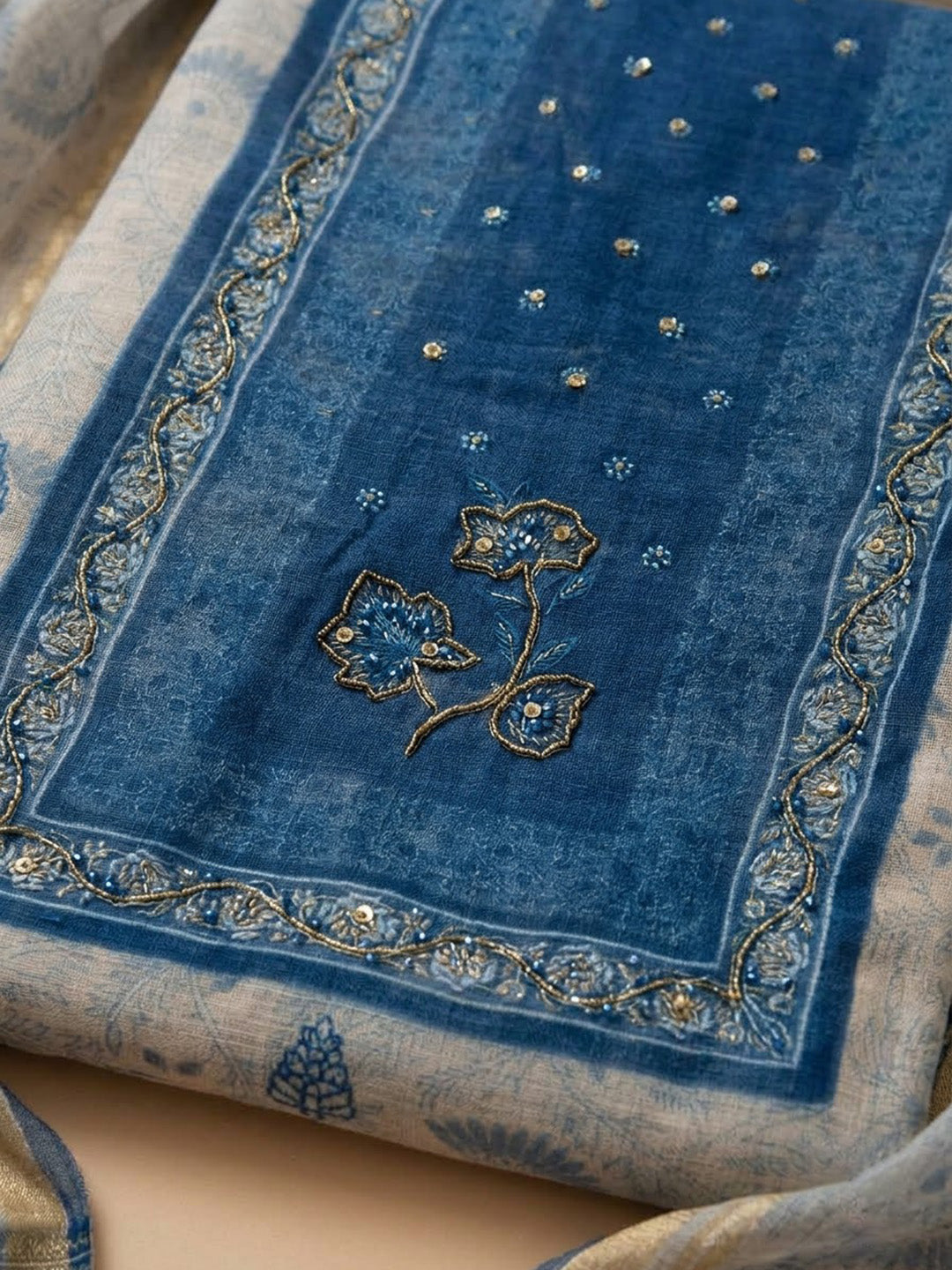 Off-White Chanderi Embroidered Unstitched Dress Material