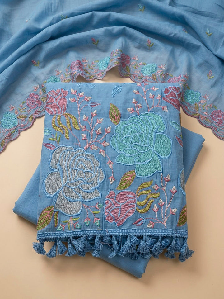 Blue Chanderi Embroidered Unstitched Dress Material