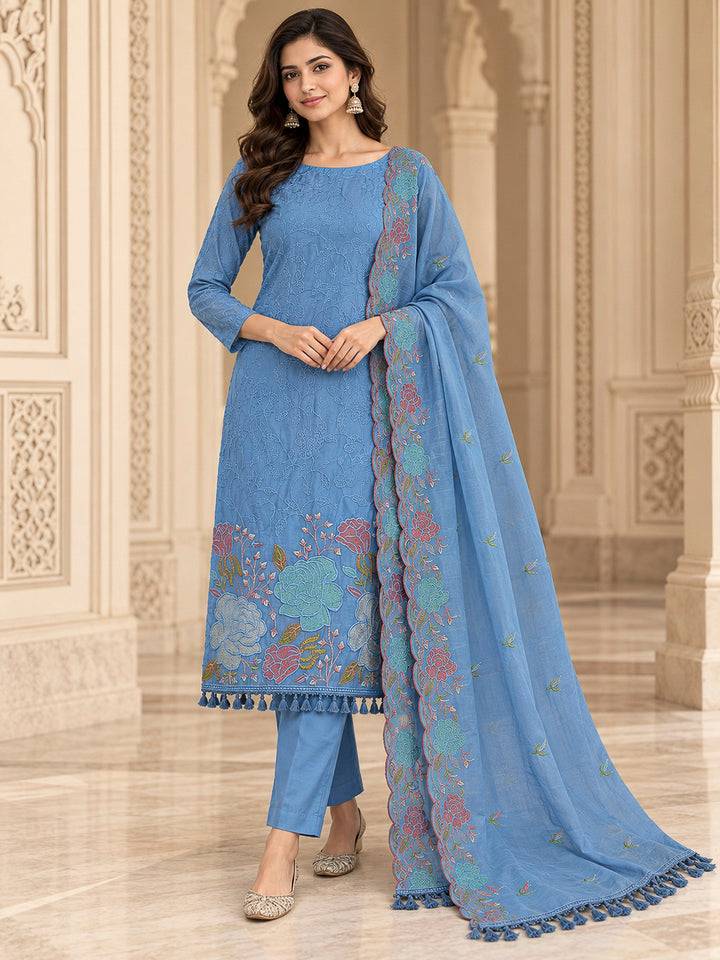 Blue Chanderi Embroidered Unstitched Dress Material
