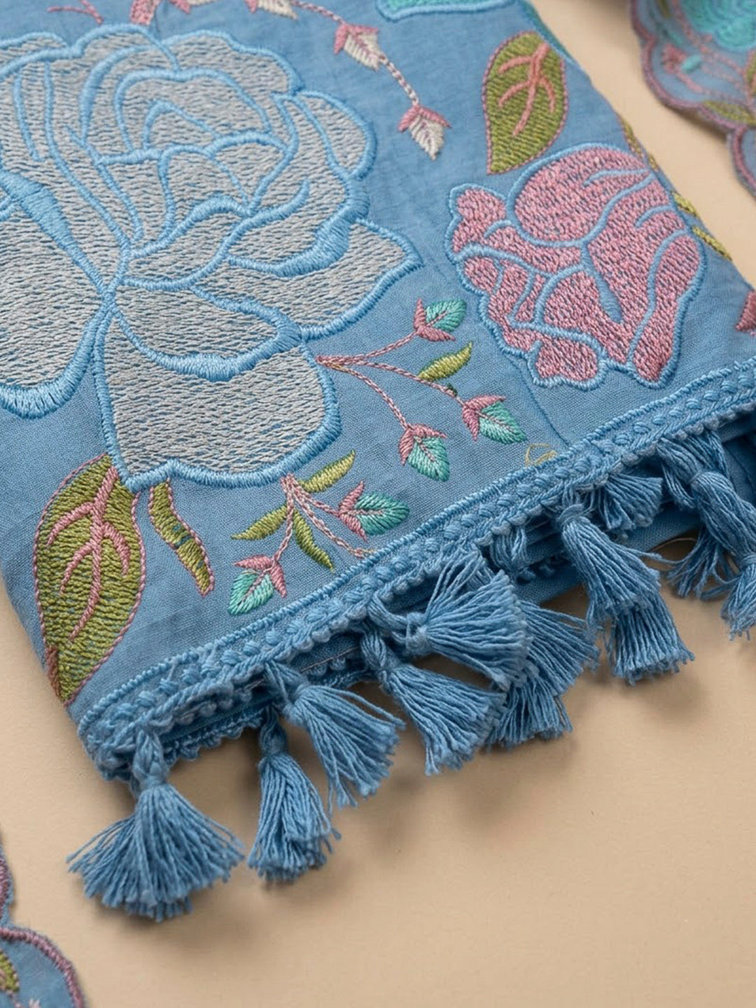 Blue Chanderi Embroidered Unstitched Dress Material