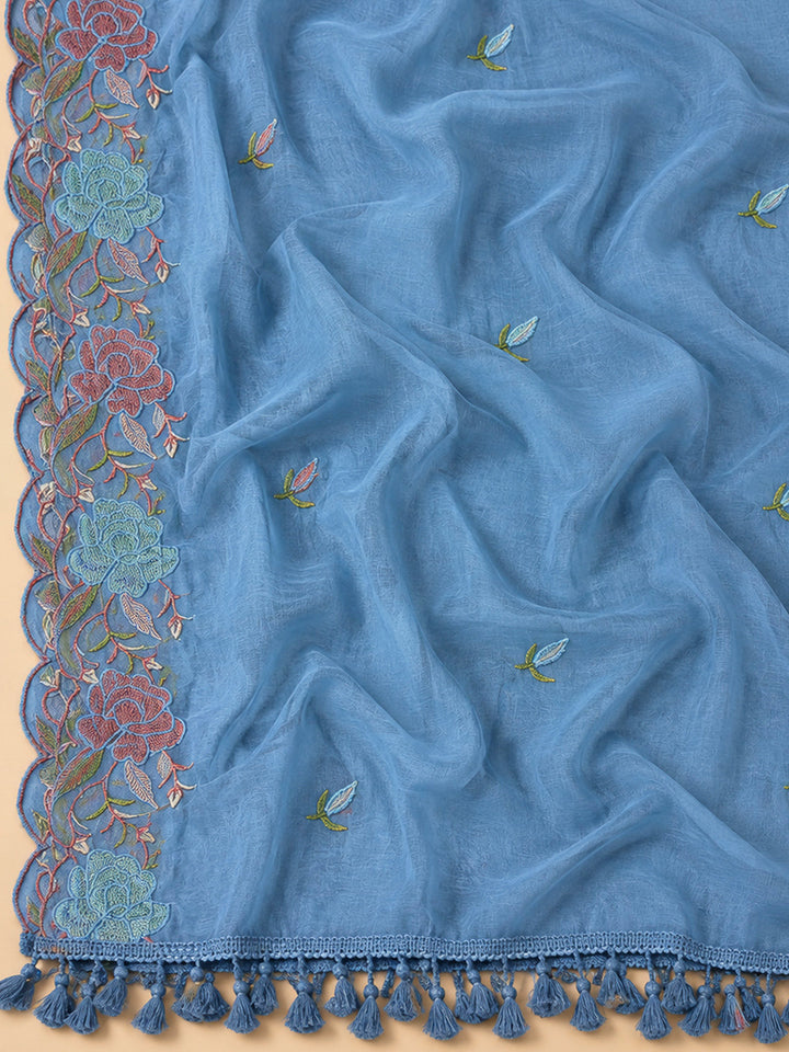 Blue Chanderi Embroidered Unstitched Dress Material