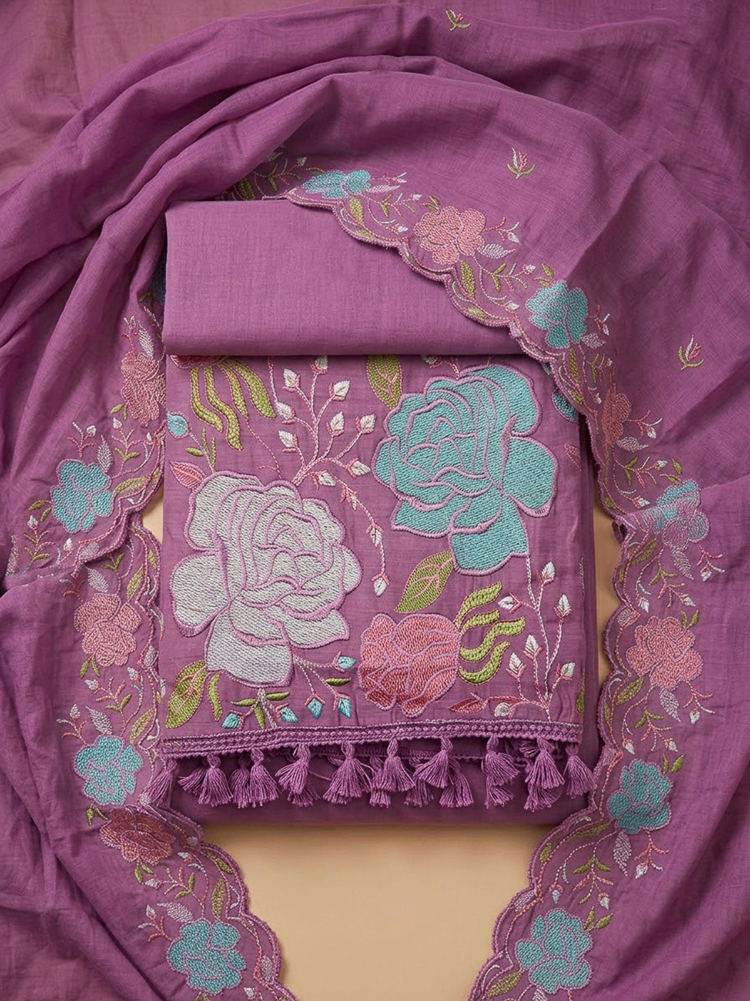Lavender Chanderi Embroidered Unstitched Dress Material