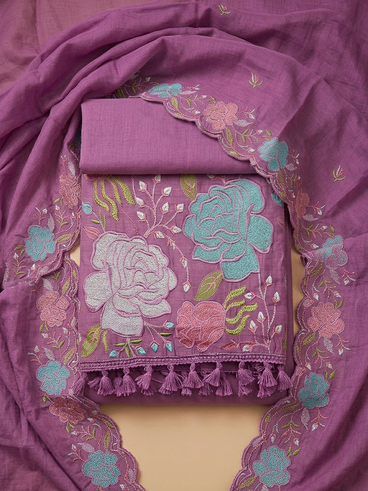 Lavender Chanderi Embroidered Unstitched Dress Material
