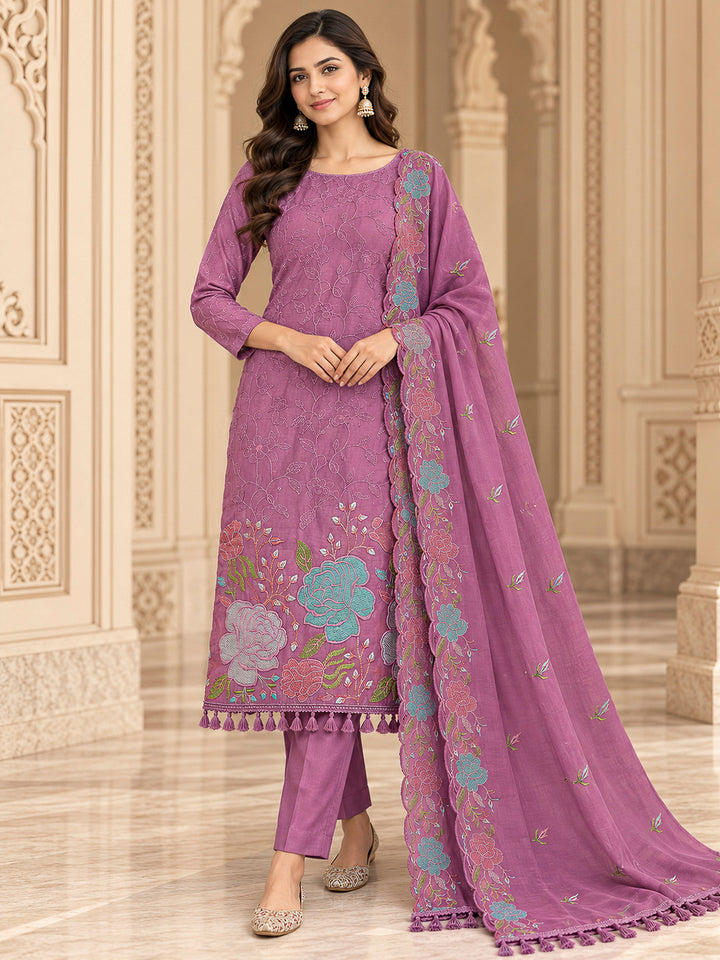 Lavender Chanderi Embroidered Unstitched Dress Material