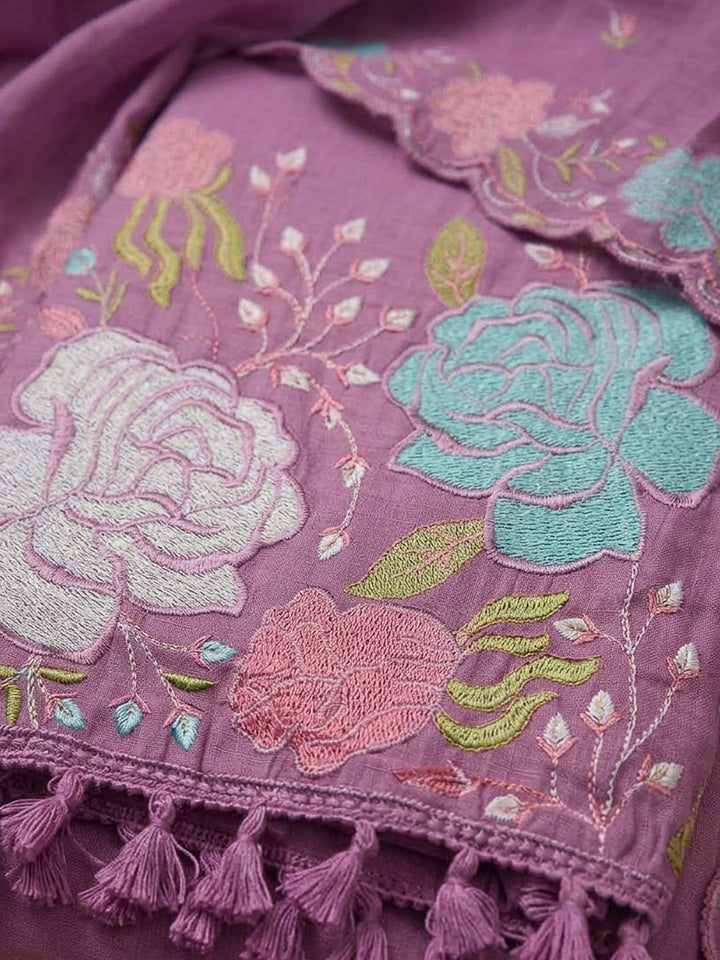 Lavender Chanderi Embroidered Unstitched Dress Material