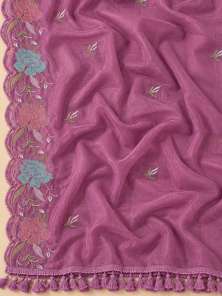 Lavender Chanderi Embroidered Unstitched Dress Material