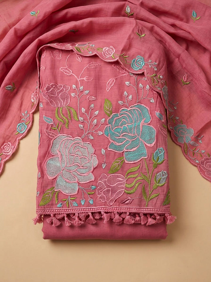 Onion Pink Chanderi Embroidered Unstitched Dress Material