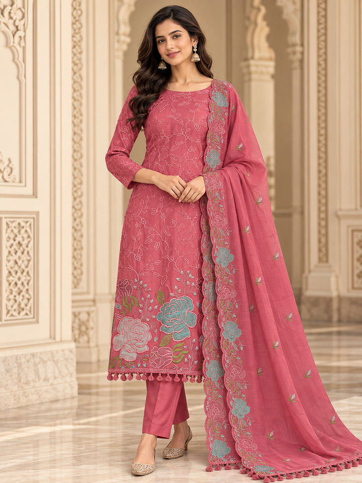 Onion Pink Chanderi Embroidered Unstitched Dress Material