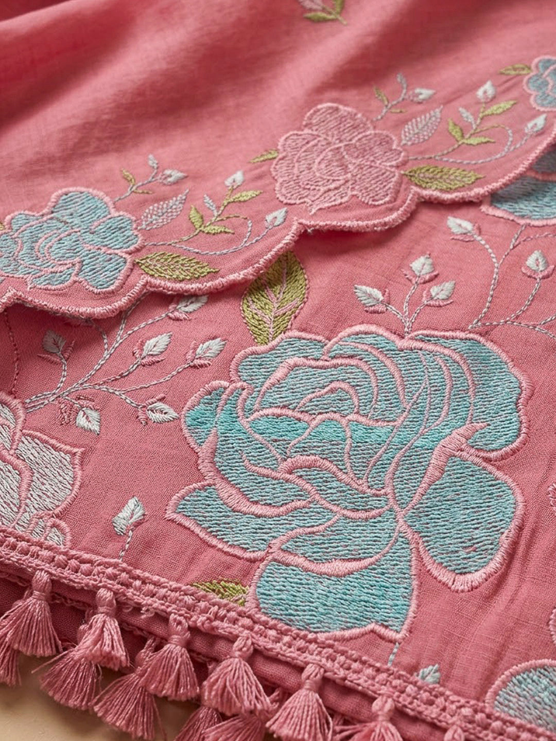 Onion Pink Chanderi Embroidered Unstitched Dress Material