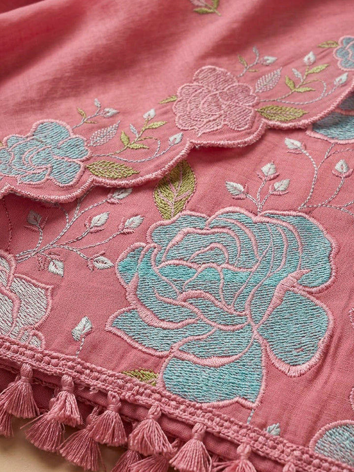 Onion Pink Chanderi Embroidered Unstitched Dress Material