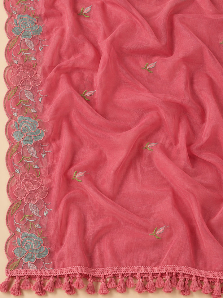 Onion Pink Chanderi Embroidered Unstitched Dress Material