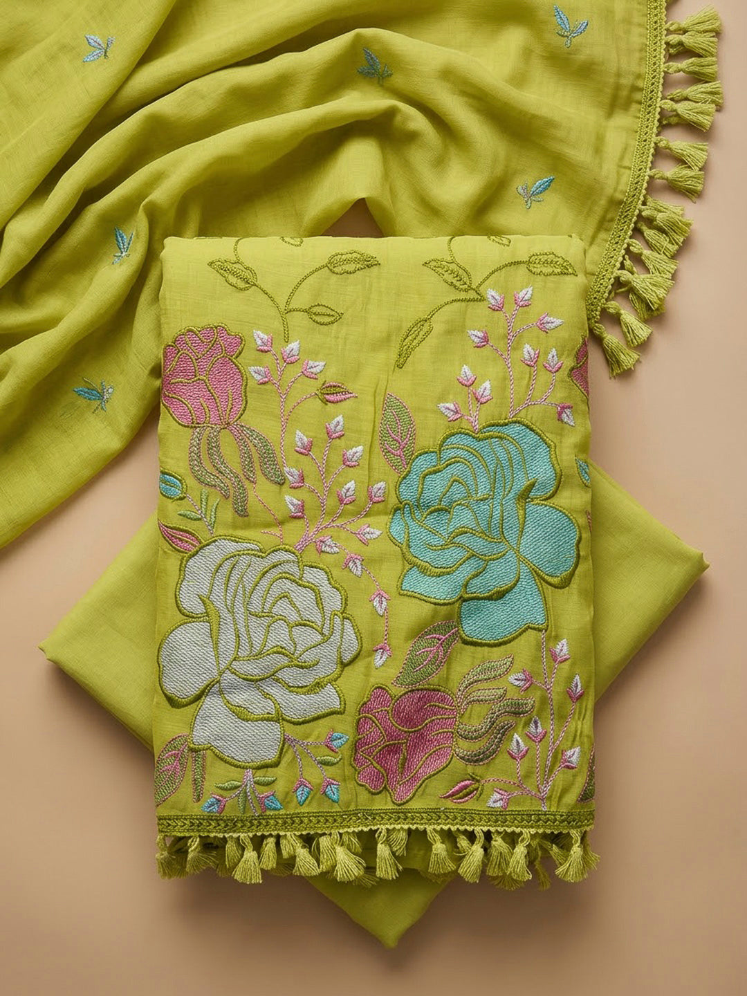 Pista Green Chanderi Embroidered Unstitched Dress Material