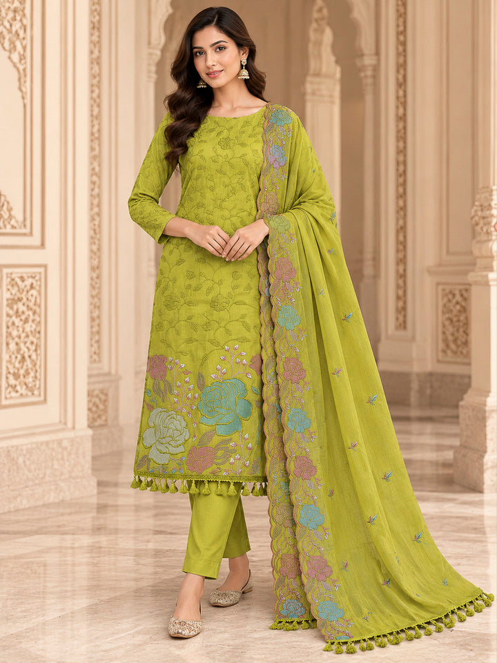Pista Green Chanderi Embroidered Unstitched Dress Material