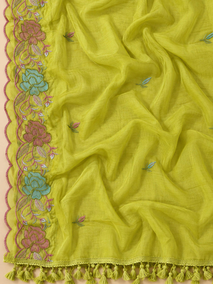 Pista Green Chanderi Embroidered Unstitched Dress Material
