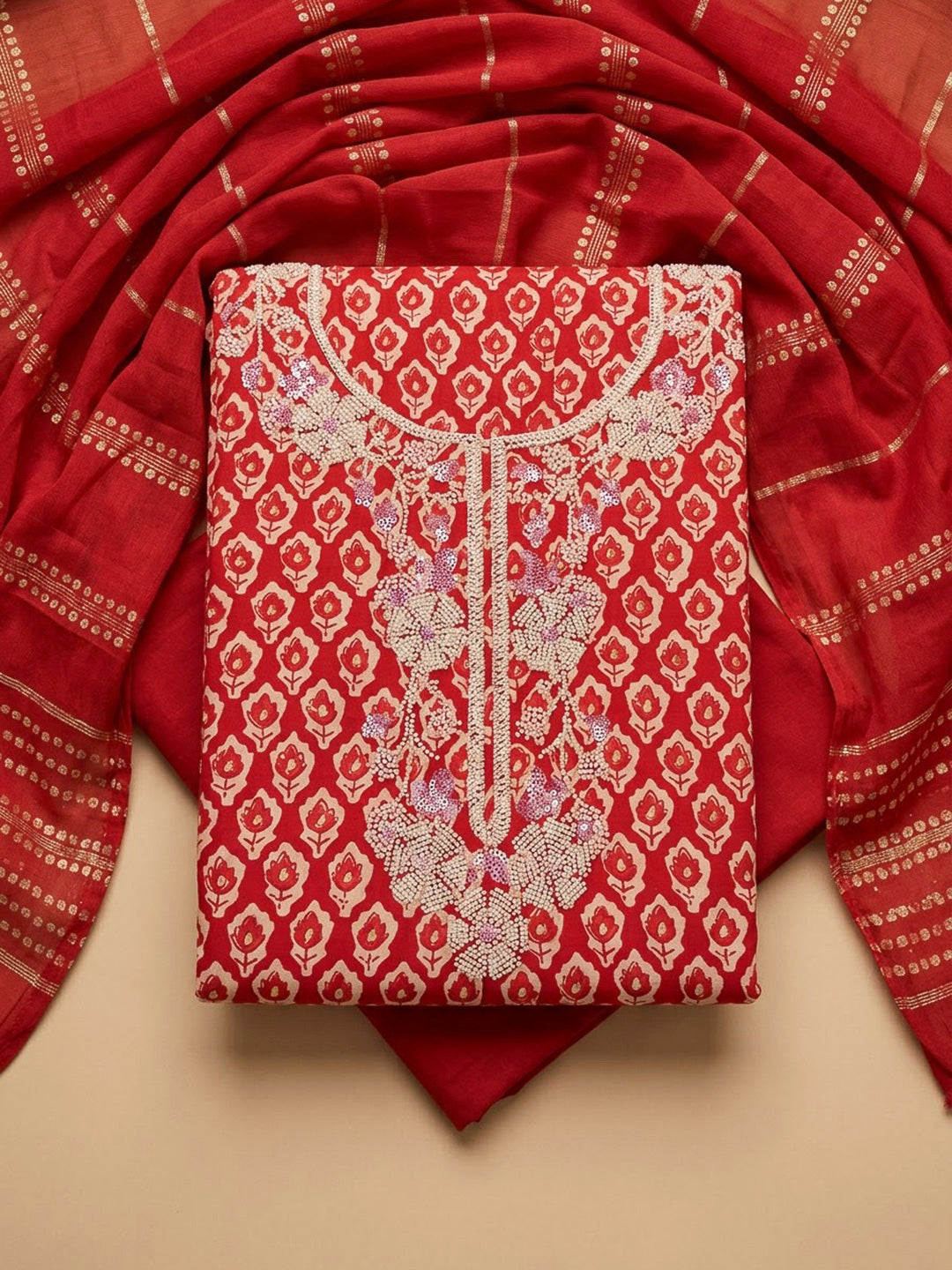Red Cotton Blend Embroidered Unstitched Dress Material