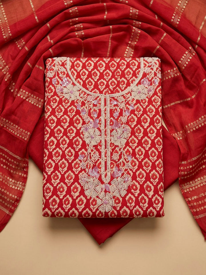 Red Cotton Blend Embroidered Unstitched Dress Material