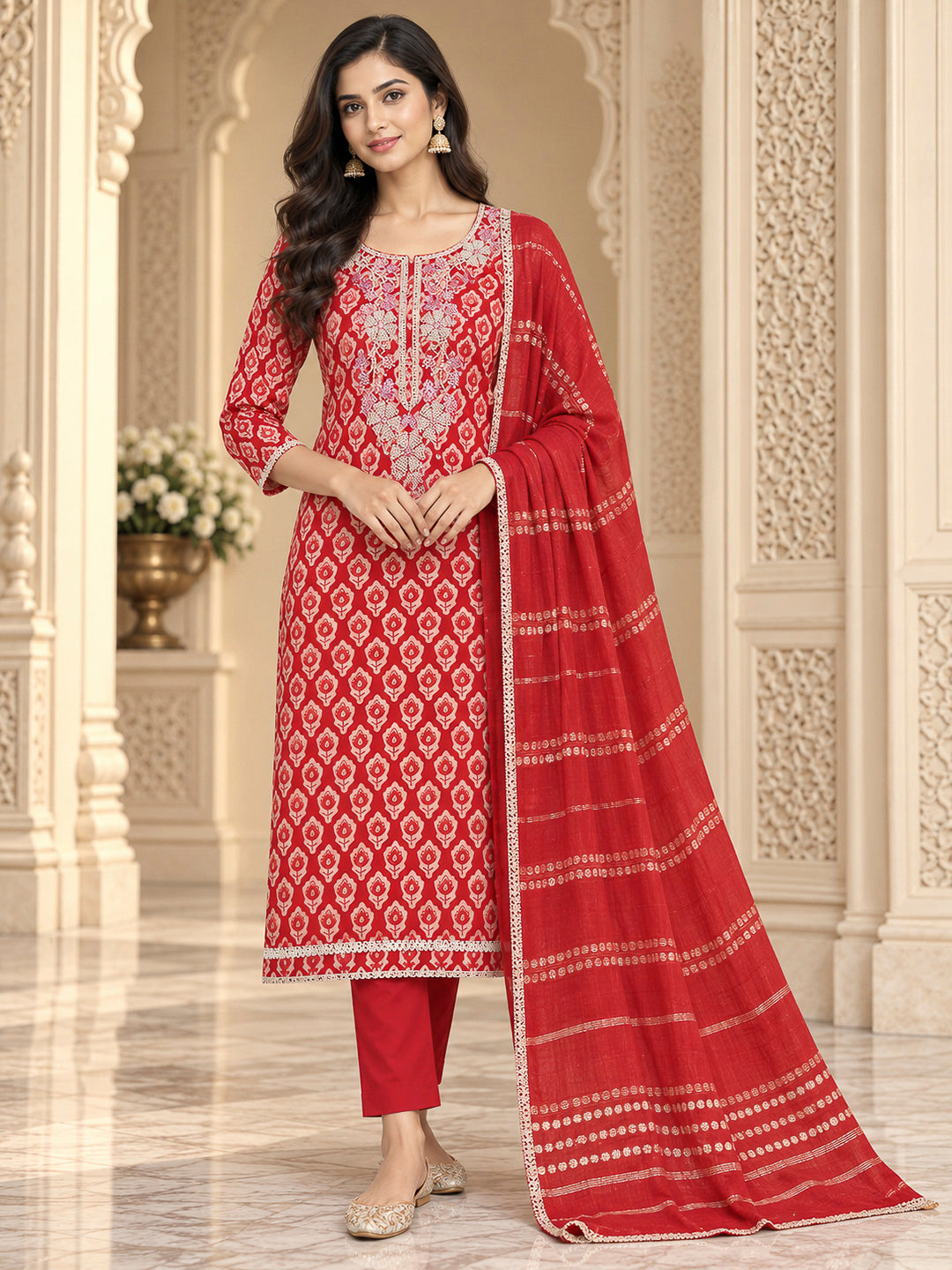 Red Cotton Blend Embroidered Unstitched Dress Material