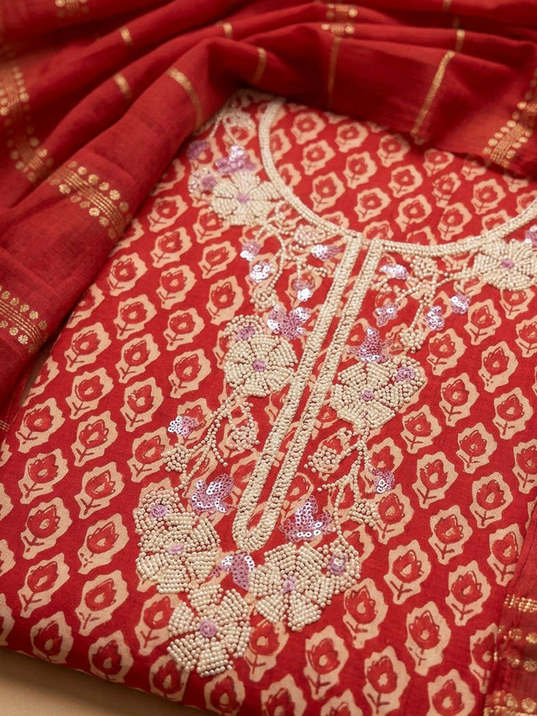 Red Cotton Blend Embroidered Unstitched Dress Material