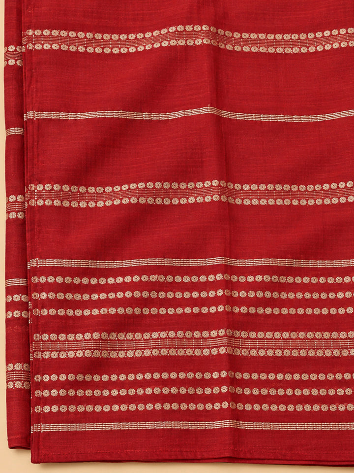 Red Cotton Blend Embroidered Unstitched Dress Material