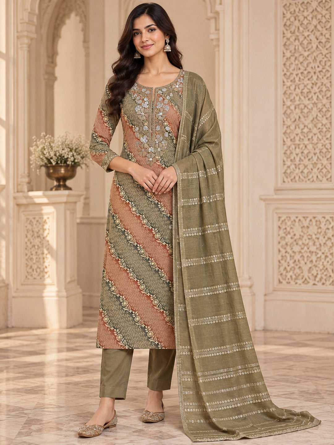 Mehndi Cotton Blend Embroidered Unstitched Dress Material