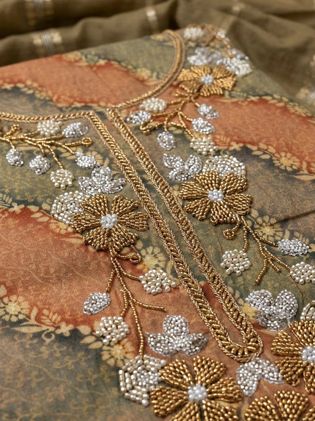 Mehndi Cotton Blend Embroidered Unstitched Dress Material