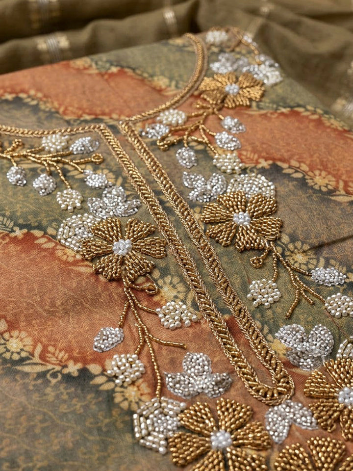 Mehndi Cotton Blend Embroidered Unstitched Dress Material