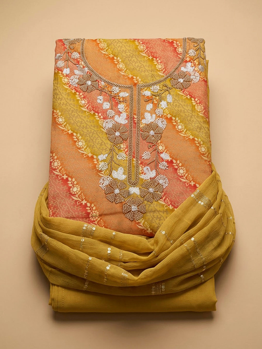Mustard Cotton Blend Embroidered Unstitched Dress Material