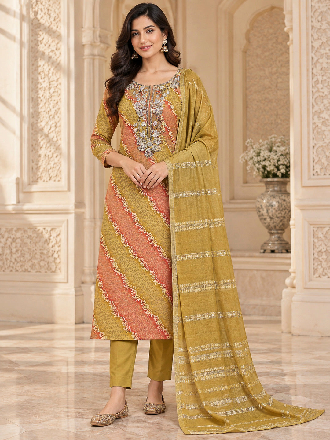 Mustard Cotton Blend Embroidered Unstitched Dress Material