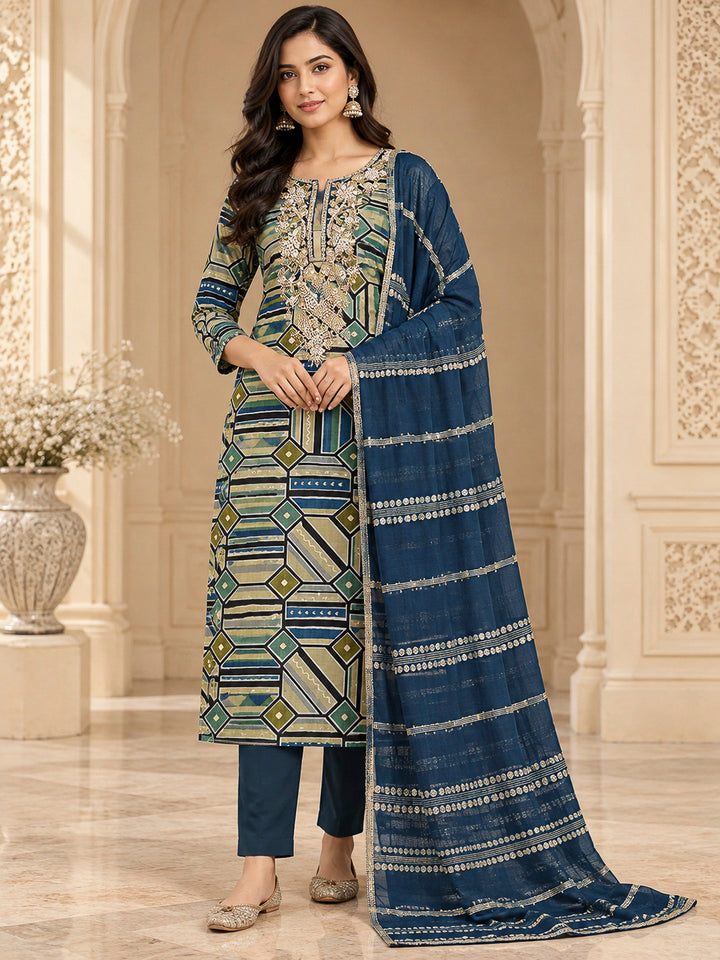 Blue Cotton Blend Embroidered Unstitched Dress Material